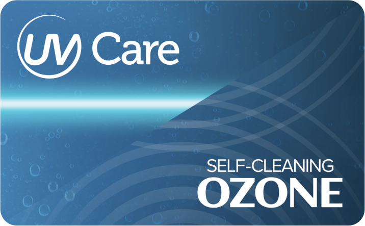 A blue card with the text UV Care in the top left, and Self-Cleaning Ozone in bold white letters in the bottom right. Wavy lines and bubbles are in the background.